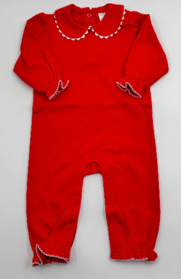 Scalloped Long Sleeve Romper - Red