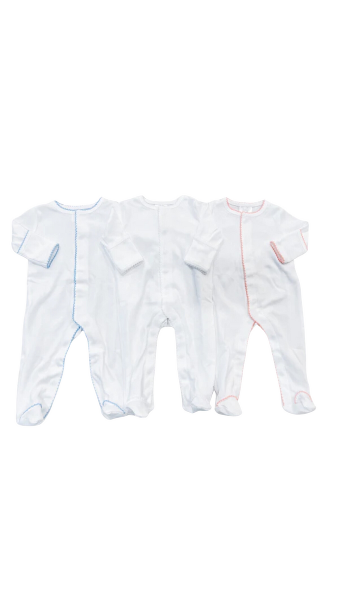 White picot trim footie for baby, ready for monogramming