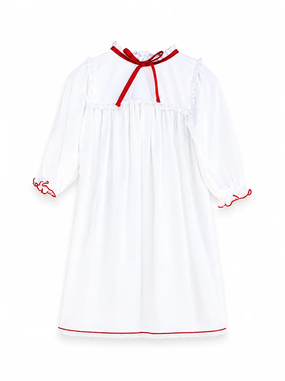 White pima cotton nightgown with red ribbon tie and red trimmed sleeve cuffs, flat lay