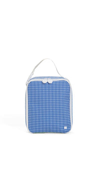 Blue and white checkered bag with a white handle on a white background