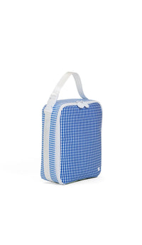 Blue and white checkered shoe bag on a white background