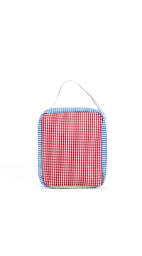 Red and blue checkered lunch box with a strap on a white background