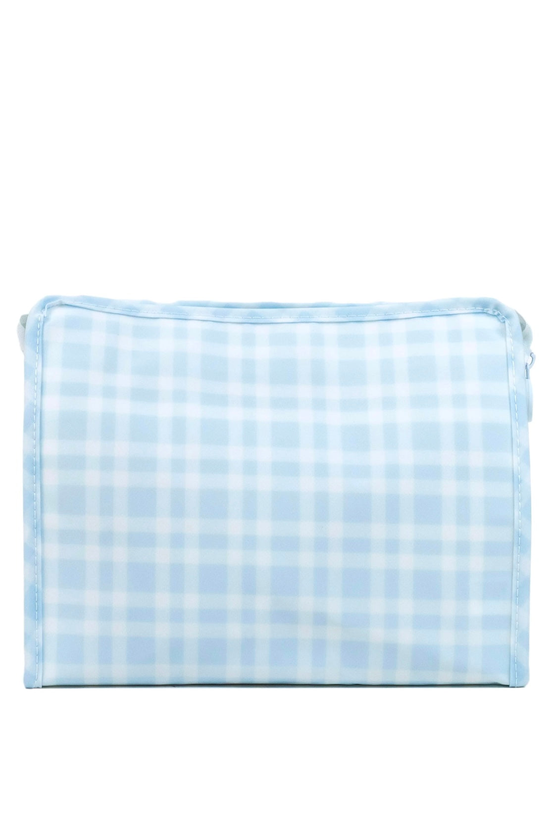 A blue and white plaid coated cotton pouch with a chunky white zipper and snap closure.