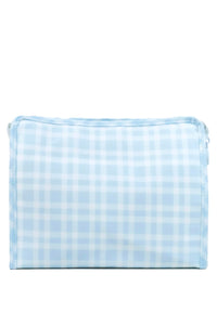 A blue and white plaid coated cotton pouch with a chunky white zipper and snap closure.