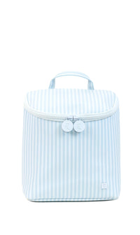 Blue striped bottle bag with white zipper on a white background