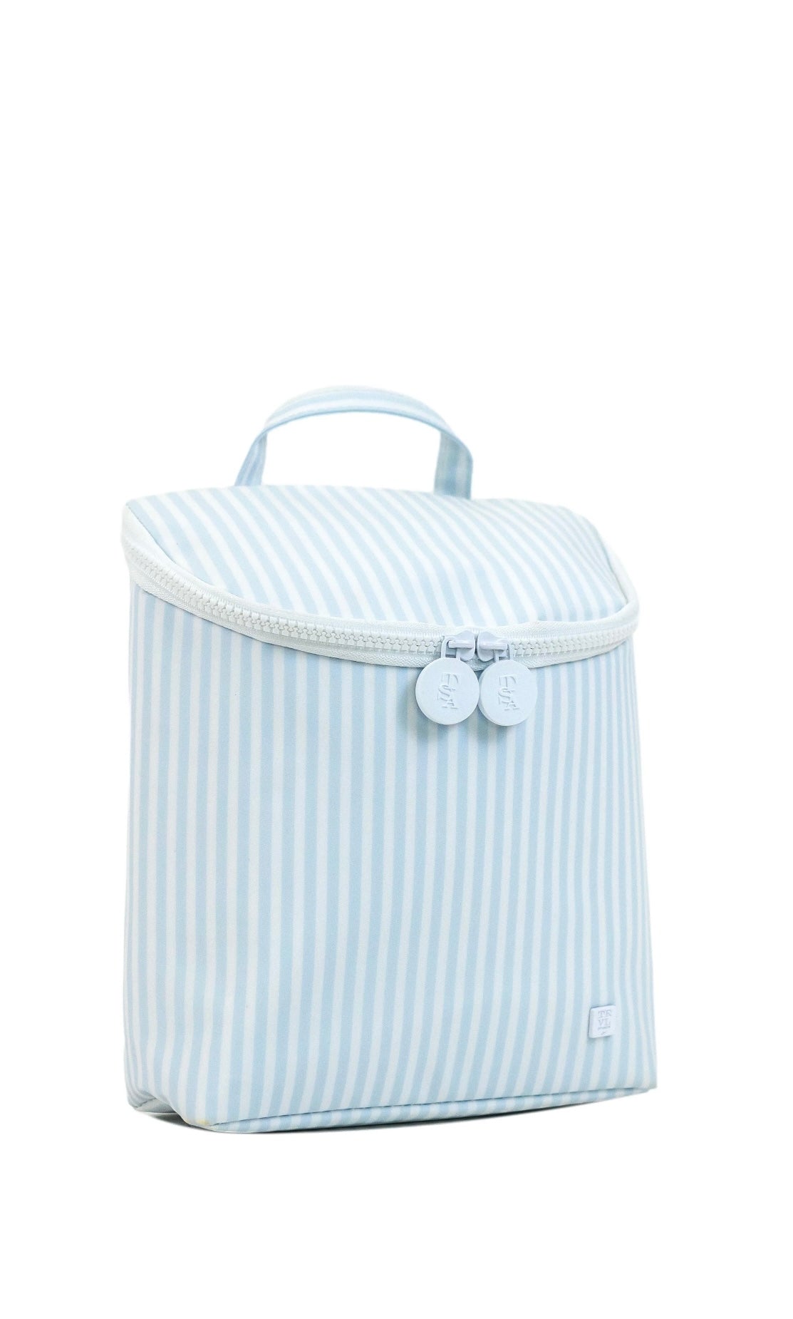 Light blue striped bag with white zipper on a white background