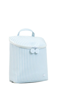 Light blue striped bag with white zipper on a white background