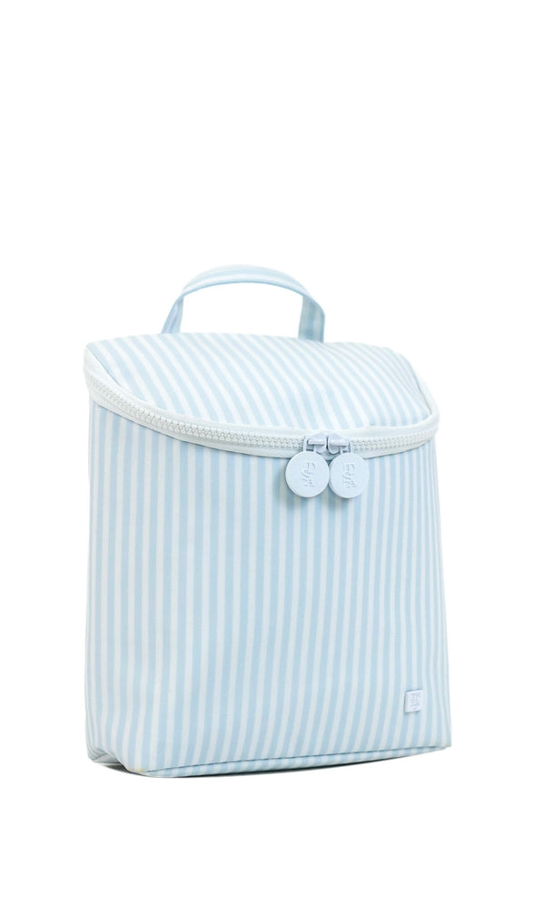Light blue striped bag with white zipper on a white background