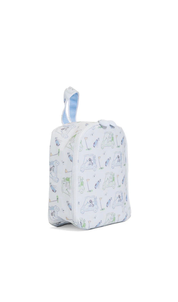 White lunch bag with blue and green golf pattern on a white background
