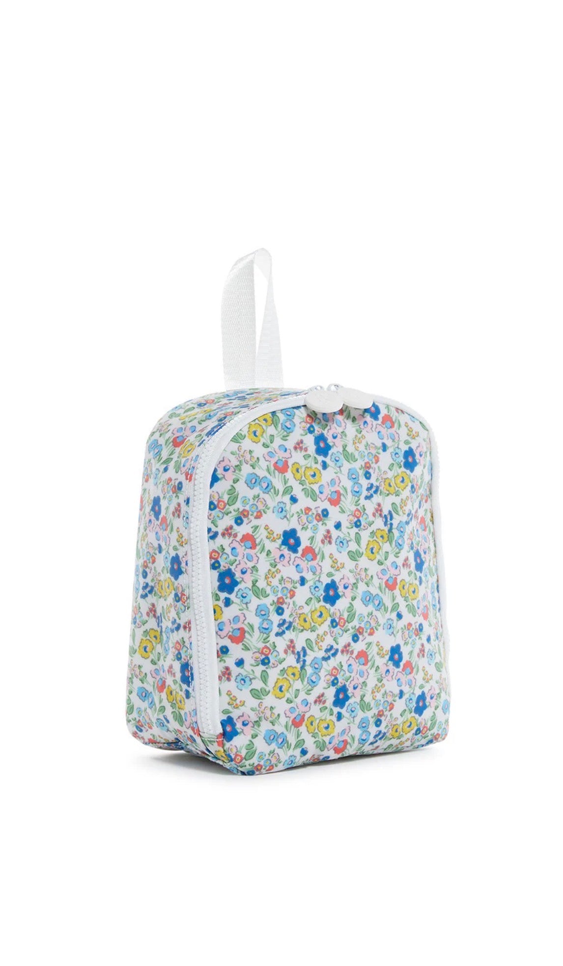 Floral-patterned toiletry bag on a white background