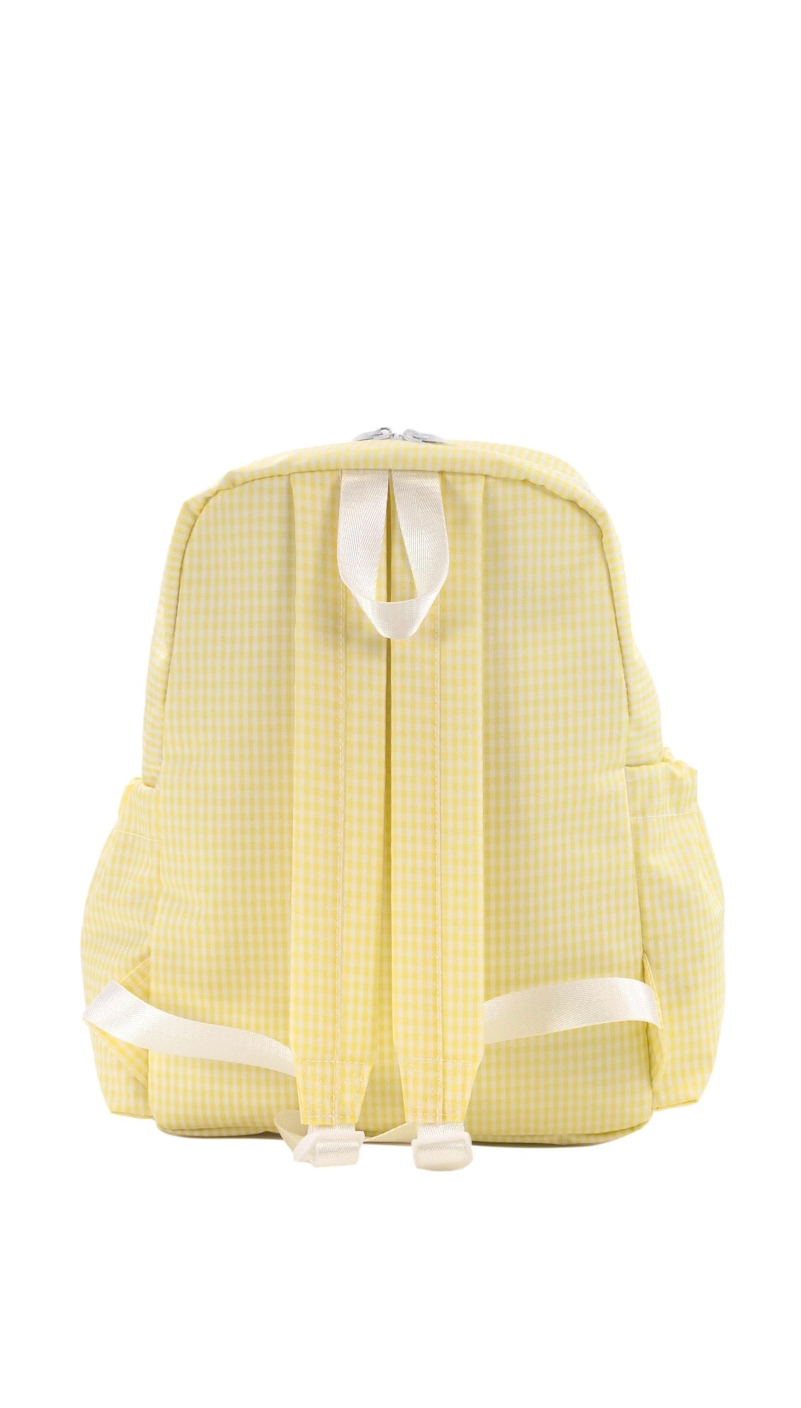 Yellow checkered backpack with white straps on a white background