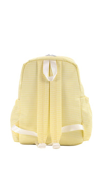 Yellow checkered backpack with white straps on a white background