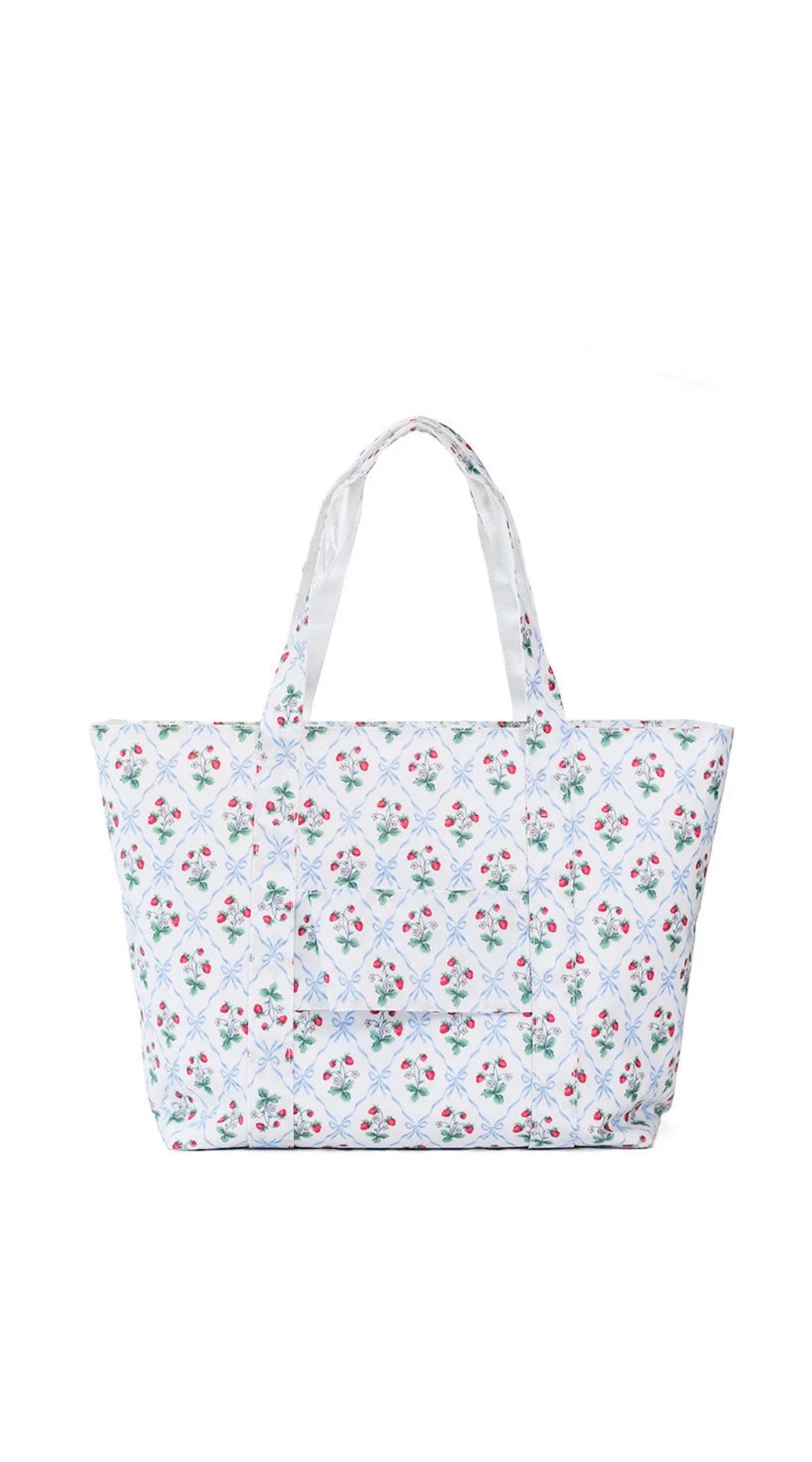 Floral-patterned tote bag on a white background
