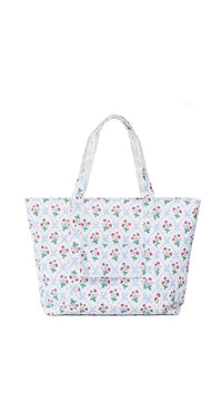 Floral-patterned tote bag on a white background