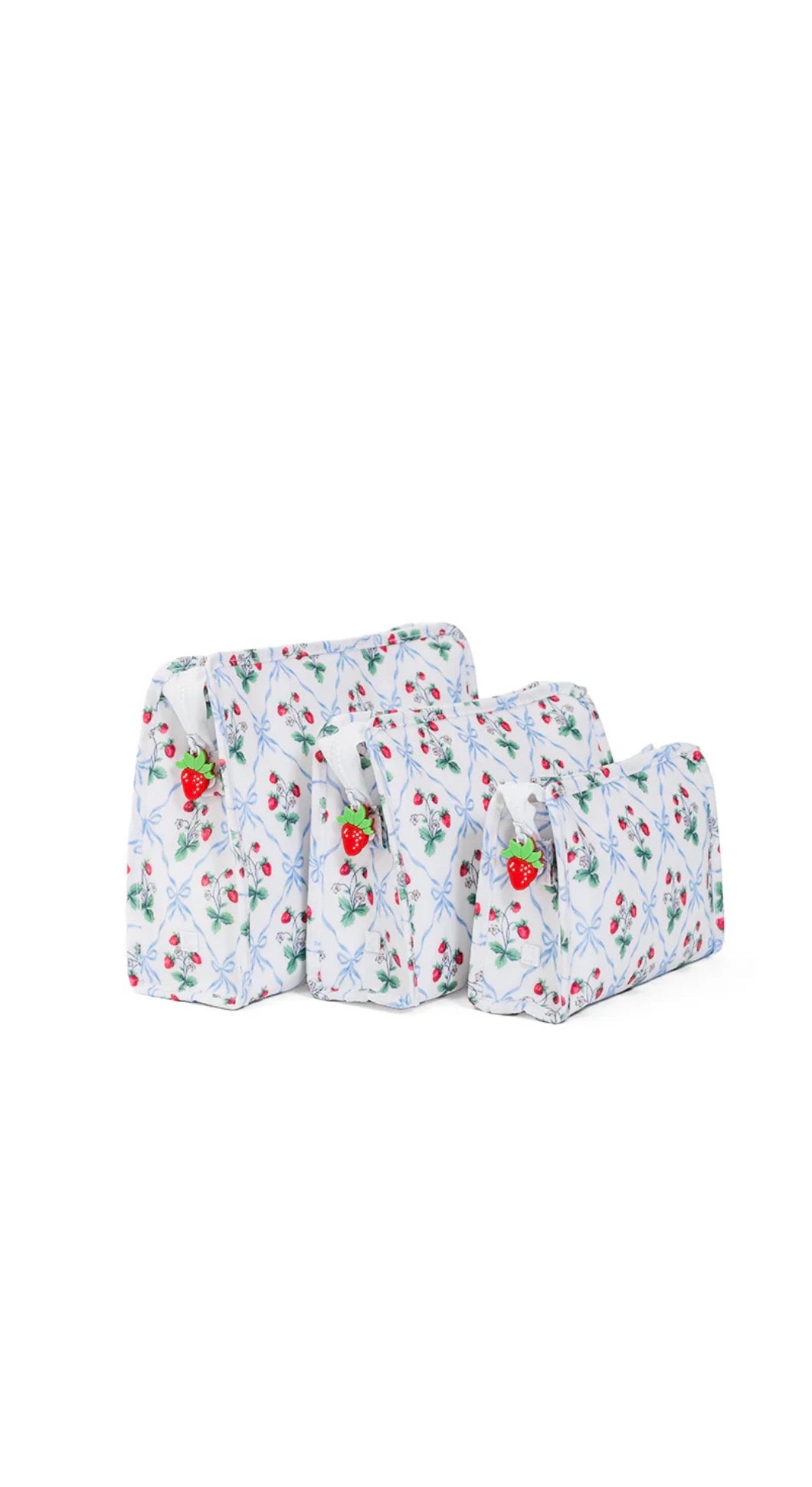 Set of three baby bags with strawberry pattern on a white background
