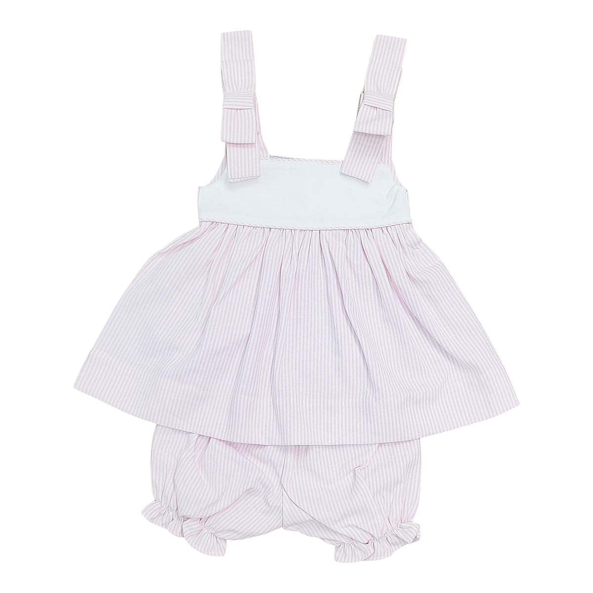Baby dress with bow shoulders and bloomers in white and pink stripes on a white background