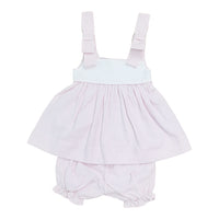Baby dress with bow shoulders and bloomers in white and pink stripes on a white background