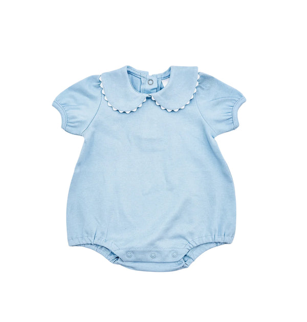 Light blue baby romper with A ric rac collar on a white background