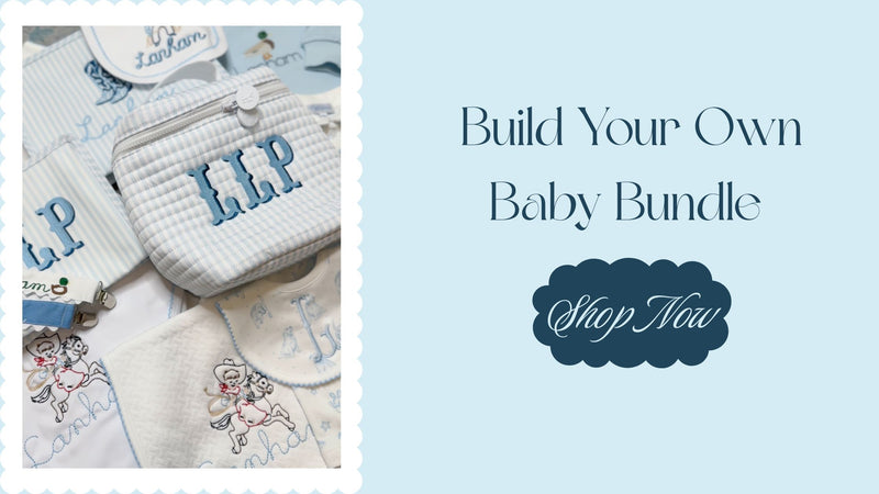 Baby bundle with white quilted bag, bib, and booties on a light blue background with text 'Build Your Own Baby Bundle' and 'Shop Now'.