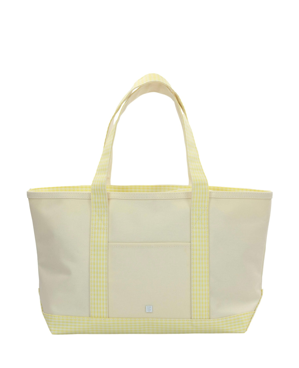 Beige tote bag with yellow accents on a white background