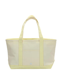 Beige tote bag with yellow accents on a white background