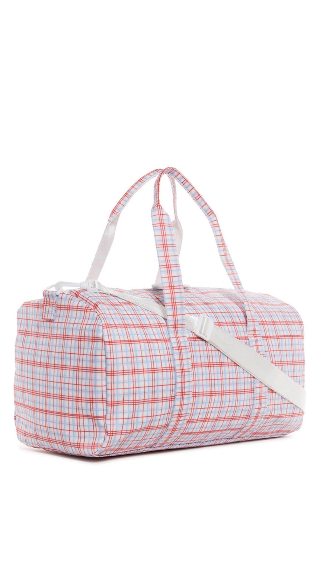 Plaid duffel bag with white strap on a white background