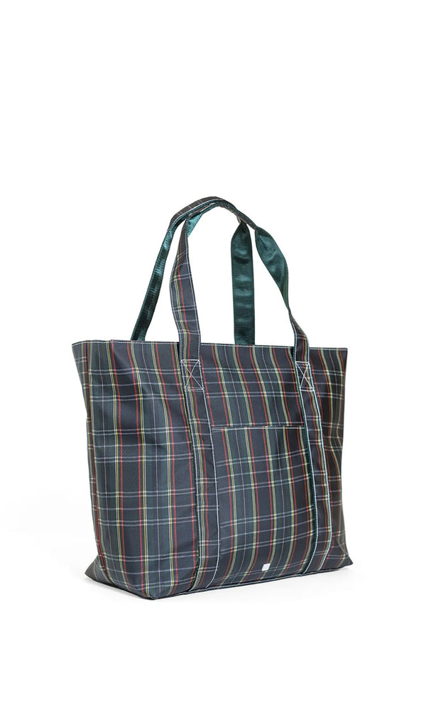 Plaid patterned tote bag on a white background