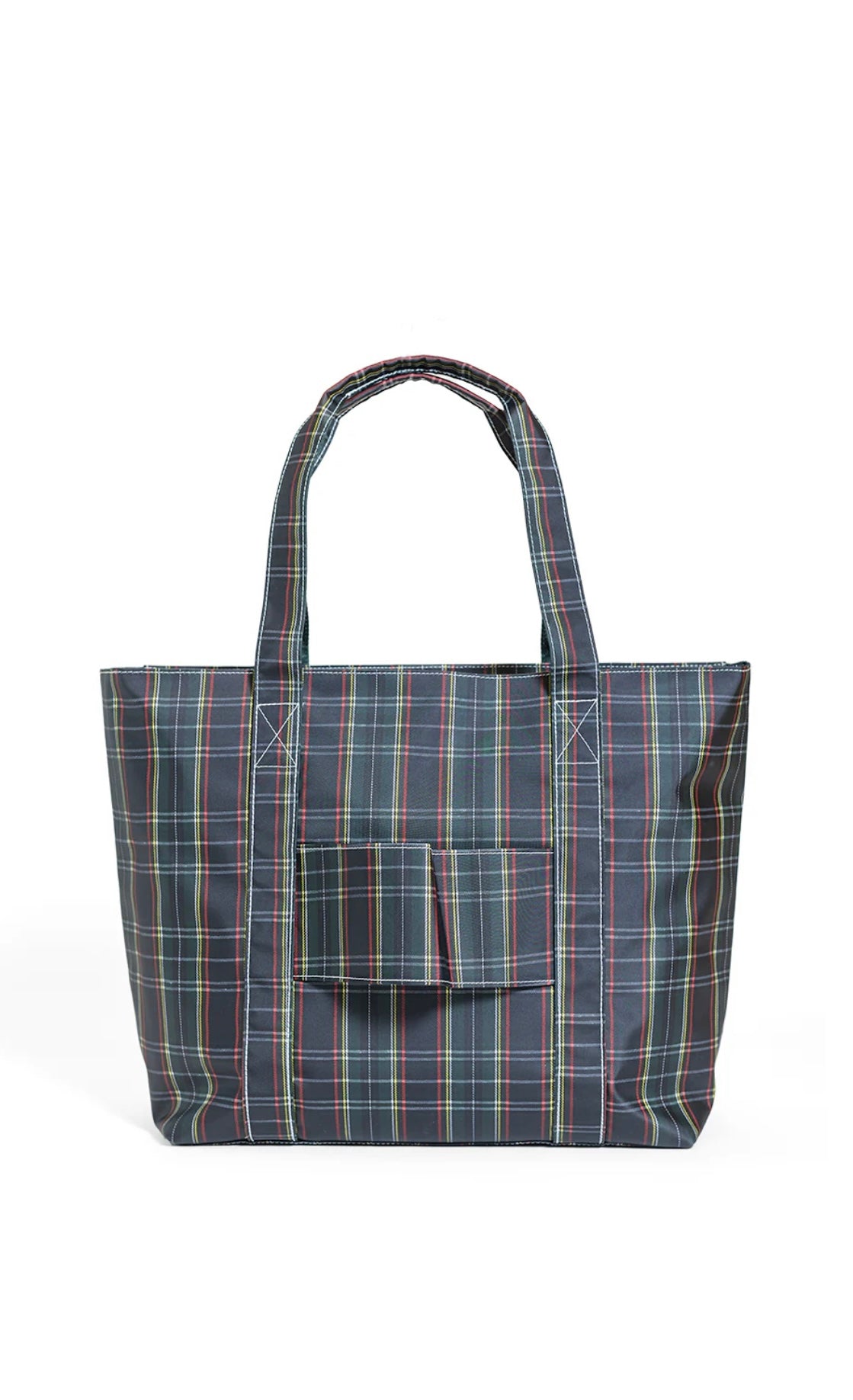 Plaid patterned tote bag on a white background