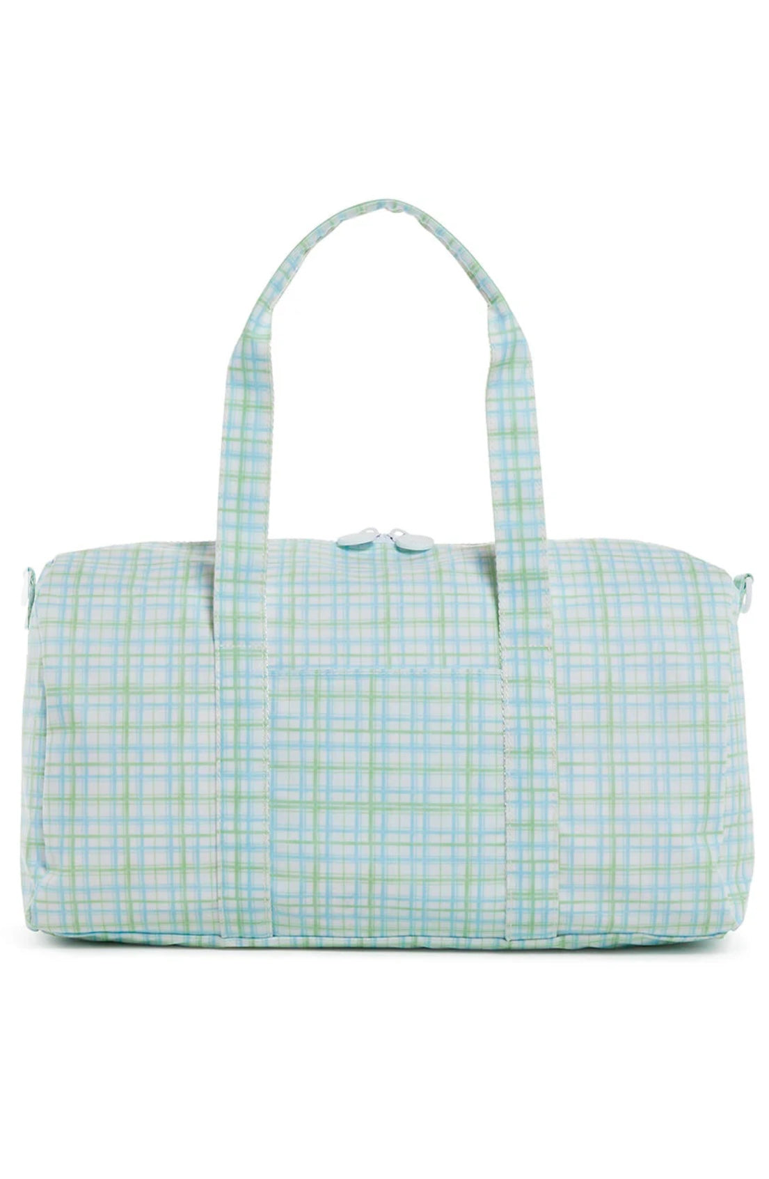 A green plaid duffel bag with handles and a zipper.