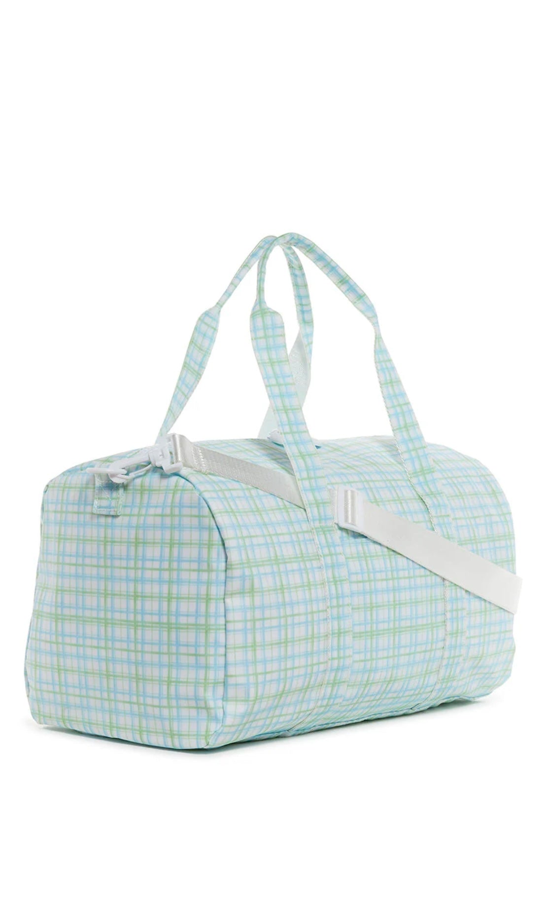 A green plaid duffel bag with handles and a zipper.