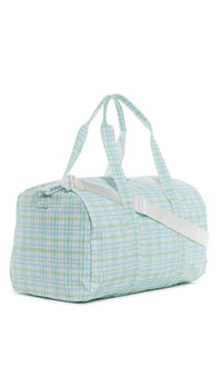 A green plaid duffel bag with handles and a zipper.