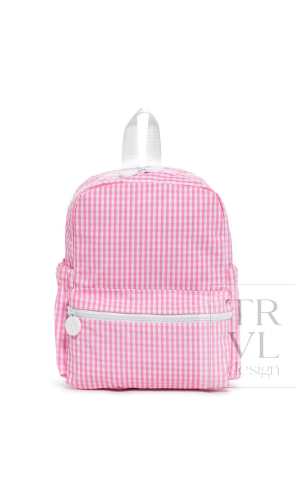 Pink gingham TRVL Mini Backpacker bag, front view
