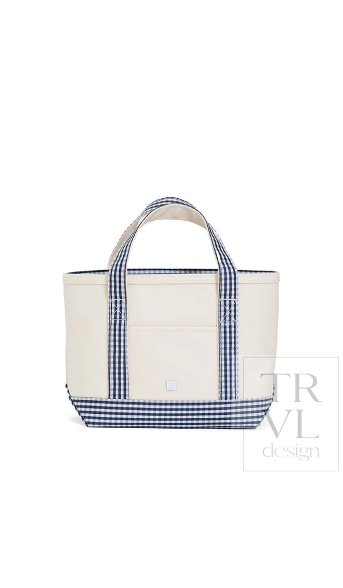 Natural coated canvas TRVL mini tote with navy gingham trim
