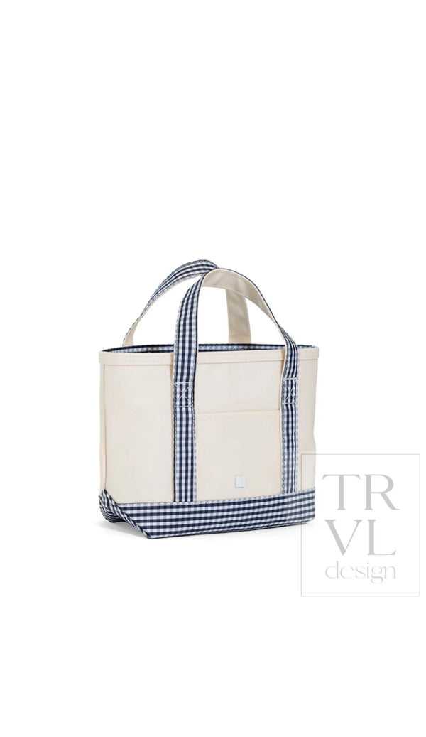 TRVL MINI TOTE - COATED CANVAS NATURAL WITH NAVY GINGHAM TRIM