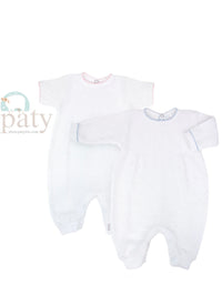 Two long-sleeve white baby rompers with blue trim, one with a scalloped edge, displayed against a white background with a 'paty' logo in the corner.