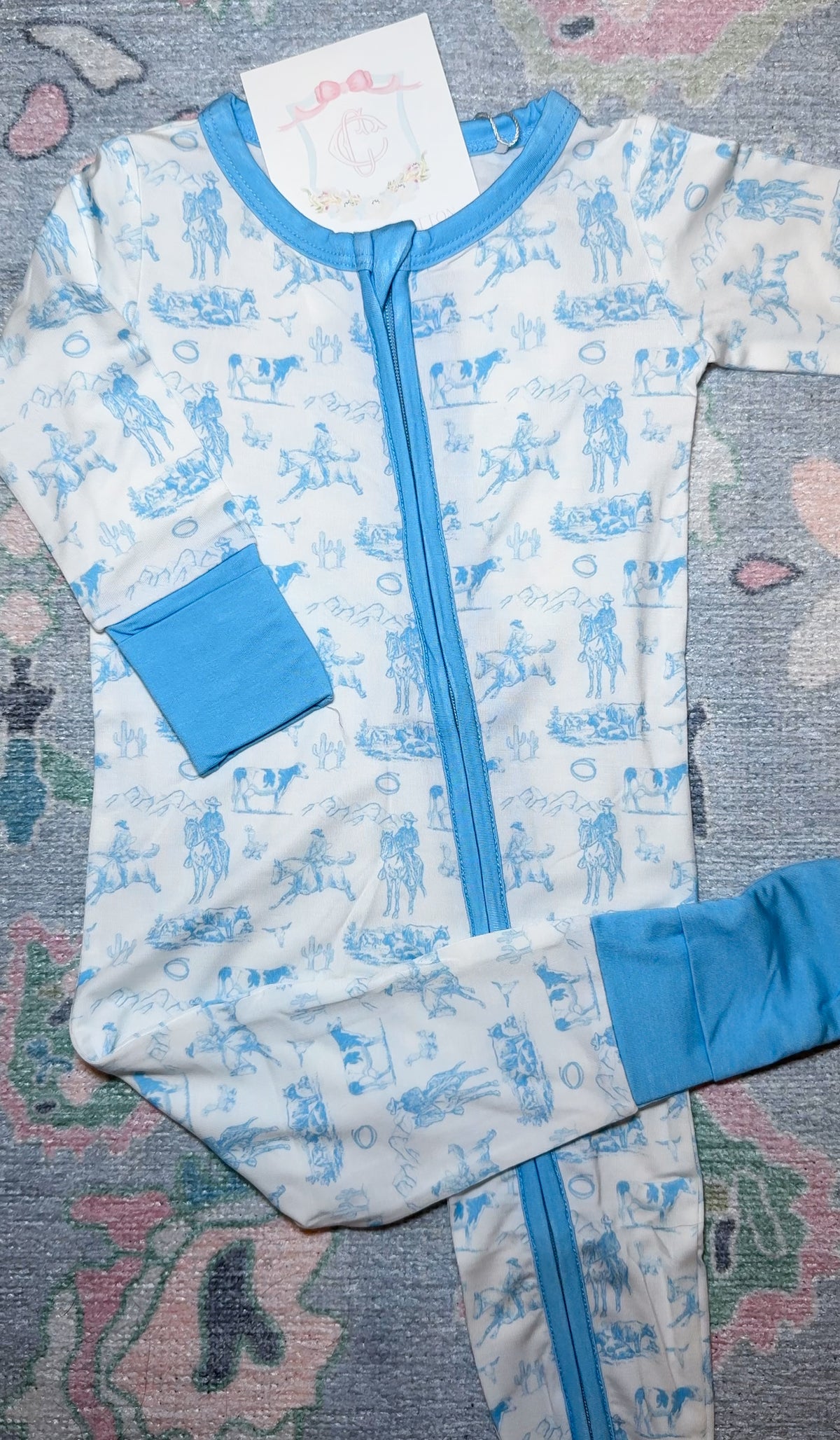 Blue Cowboy Toile Footed Bamboo Sleeper