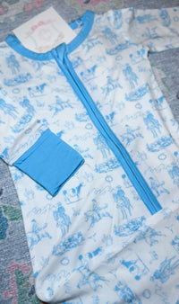 Blue Cowboy Toile Footed Bamboo Sleeper