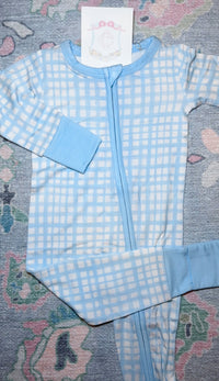 Blue Plaid Footed Bamboo Sleeper