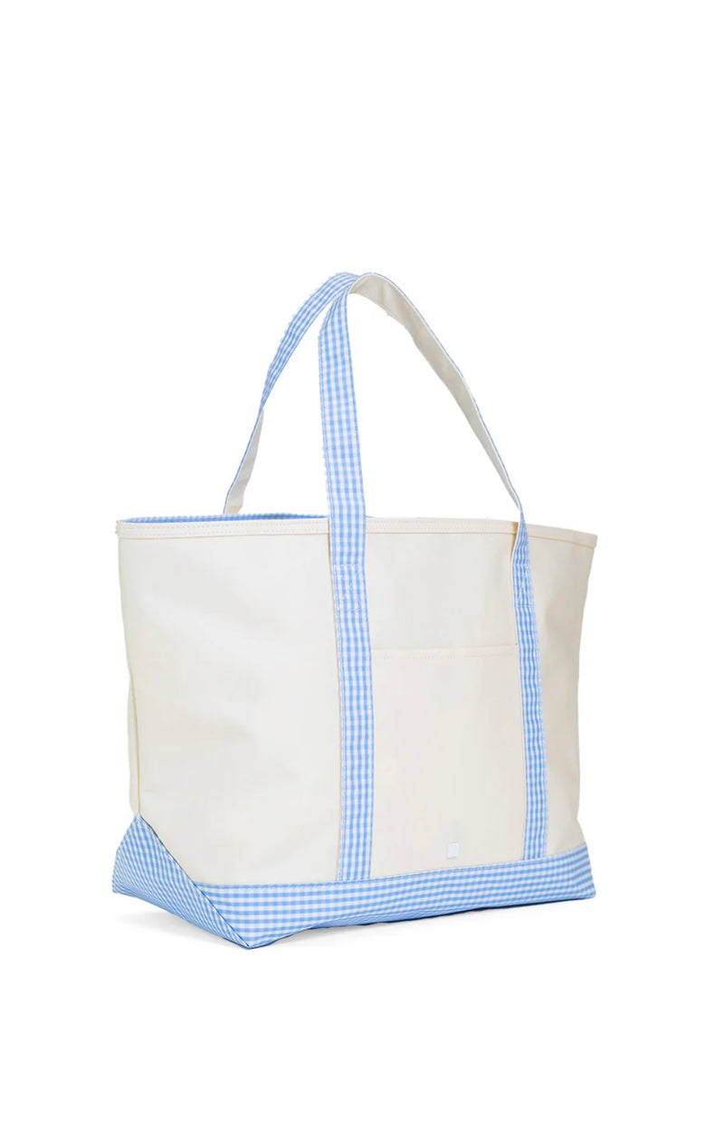 Natural with Gingham Blue Trim Coated Canvas Maxi Tote