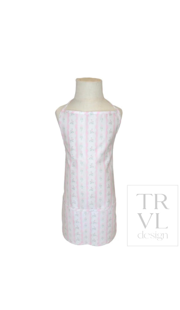 Pink ribbon floral print kids apron with adjustable neck strap, front view