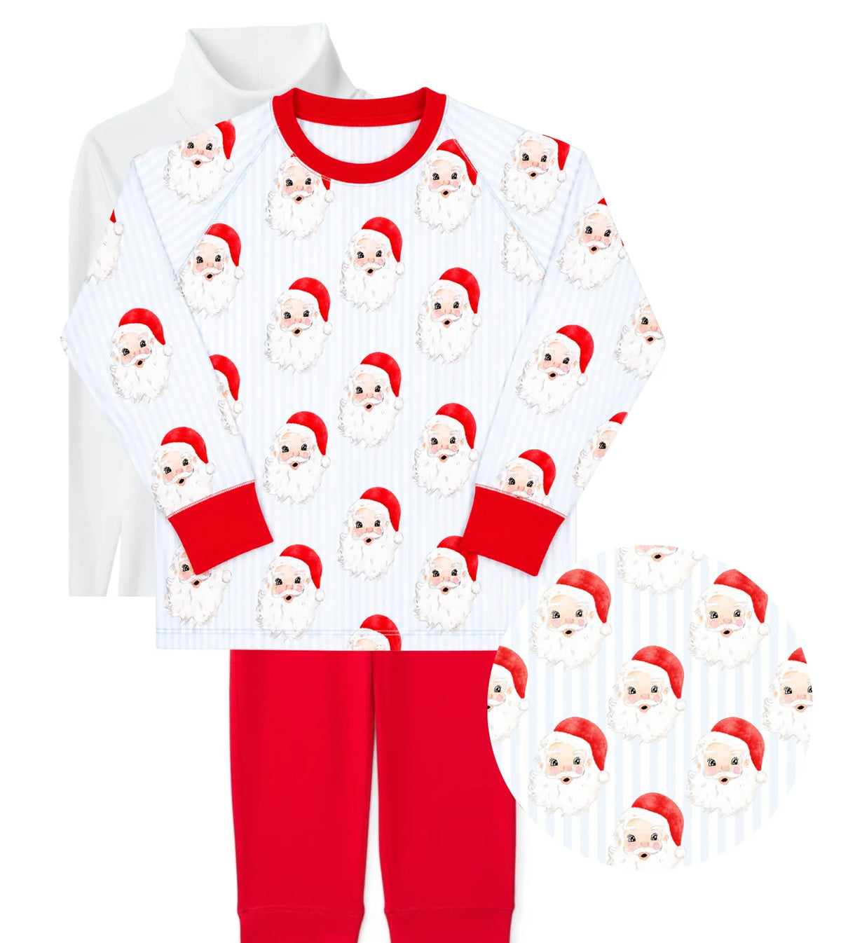 Blue and white striped Santa print pajama set with red pants