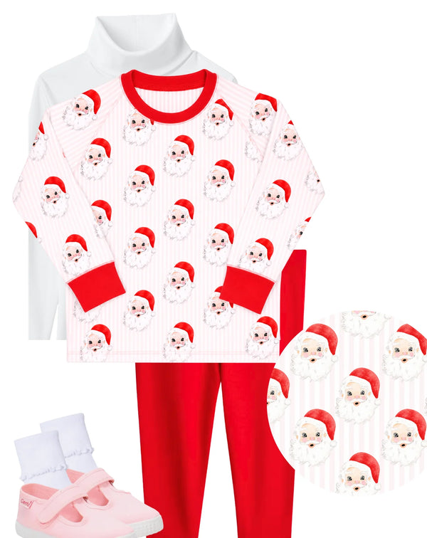 Pink and white striped Santa print pajama set with red pants