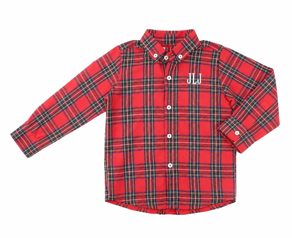 Red and navy plaid button-down shirt with white monogram embroidery