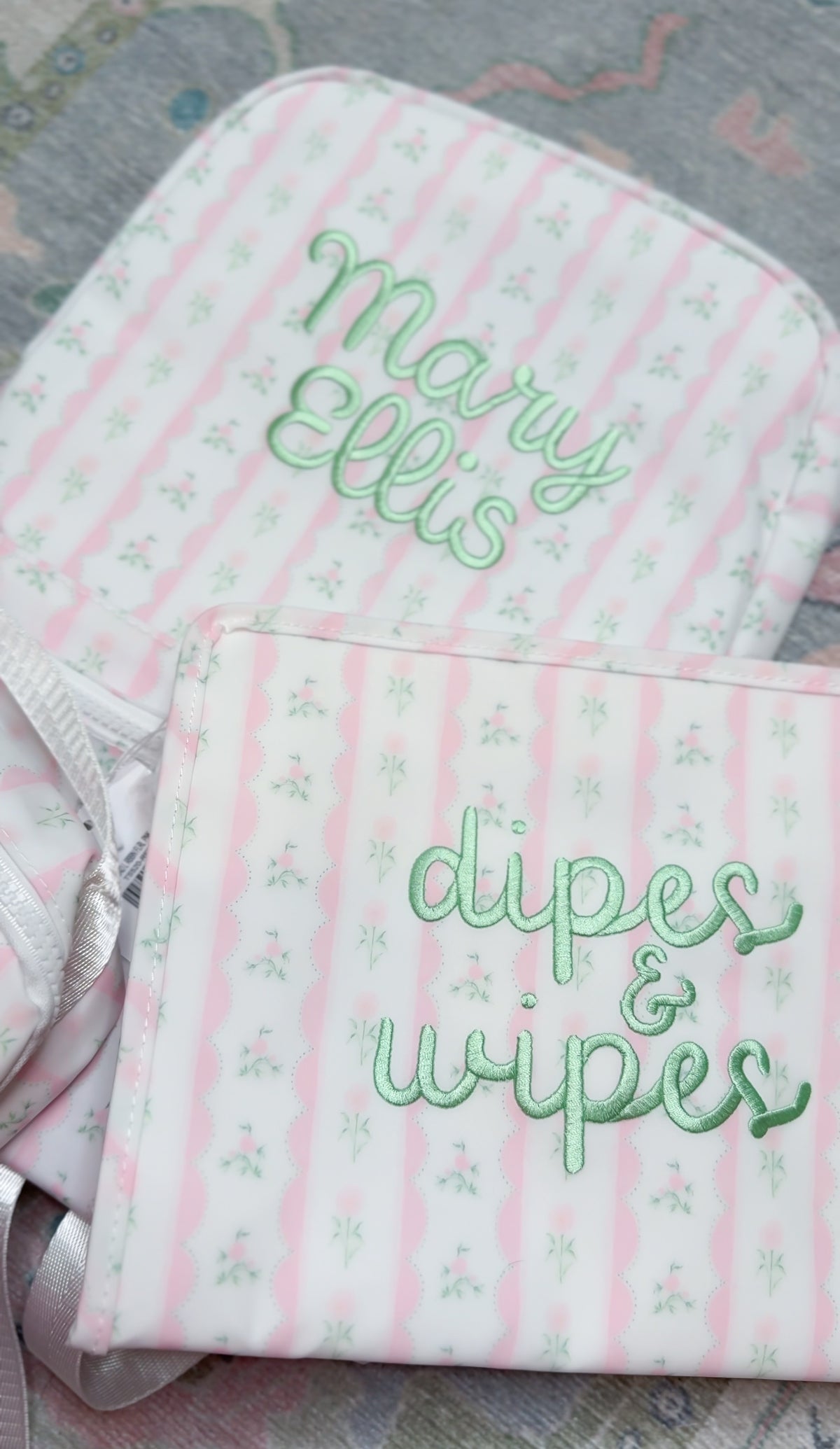 Pink ribbon floral roadie pouches embroidered Mary Ellis and Diapers and Wipes