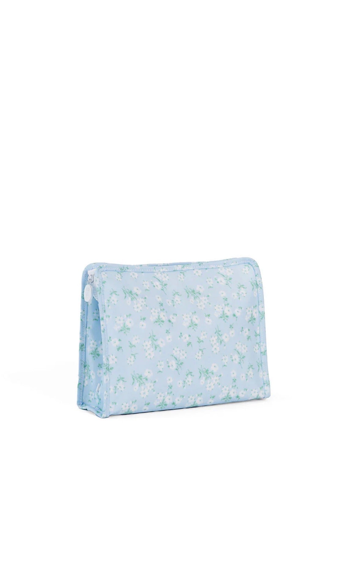 Light blue pouch with floral pattern on a white background