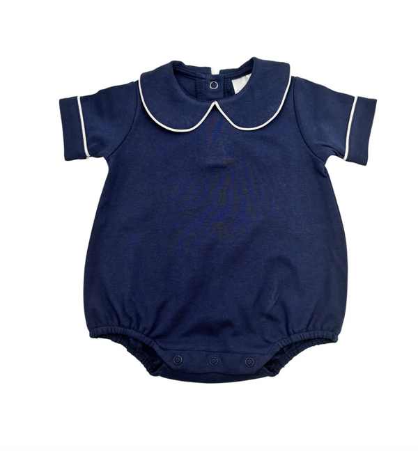 Navy short-sleeved collared baby bubble with white piping details on the collar and sleeves, laid flat on a white background.