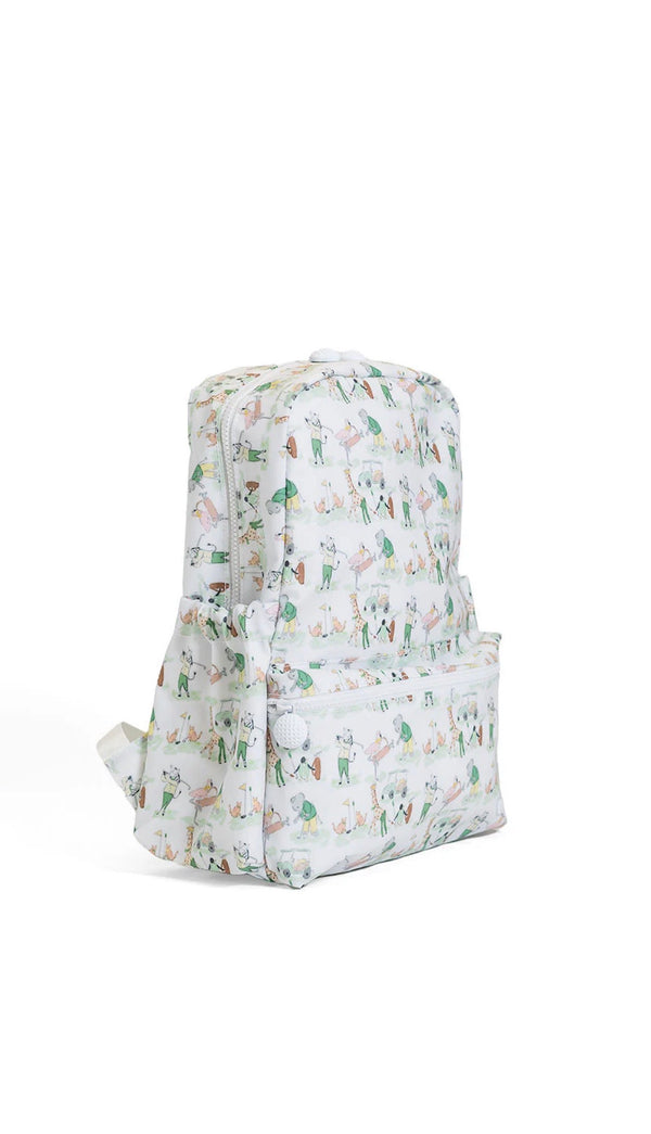 Side view of Backpack with a pattern of cartoon characters golfing on a white background