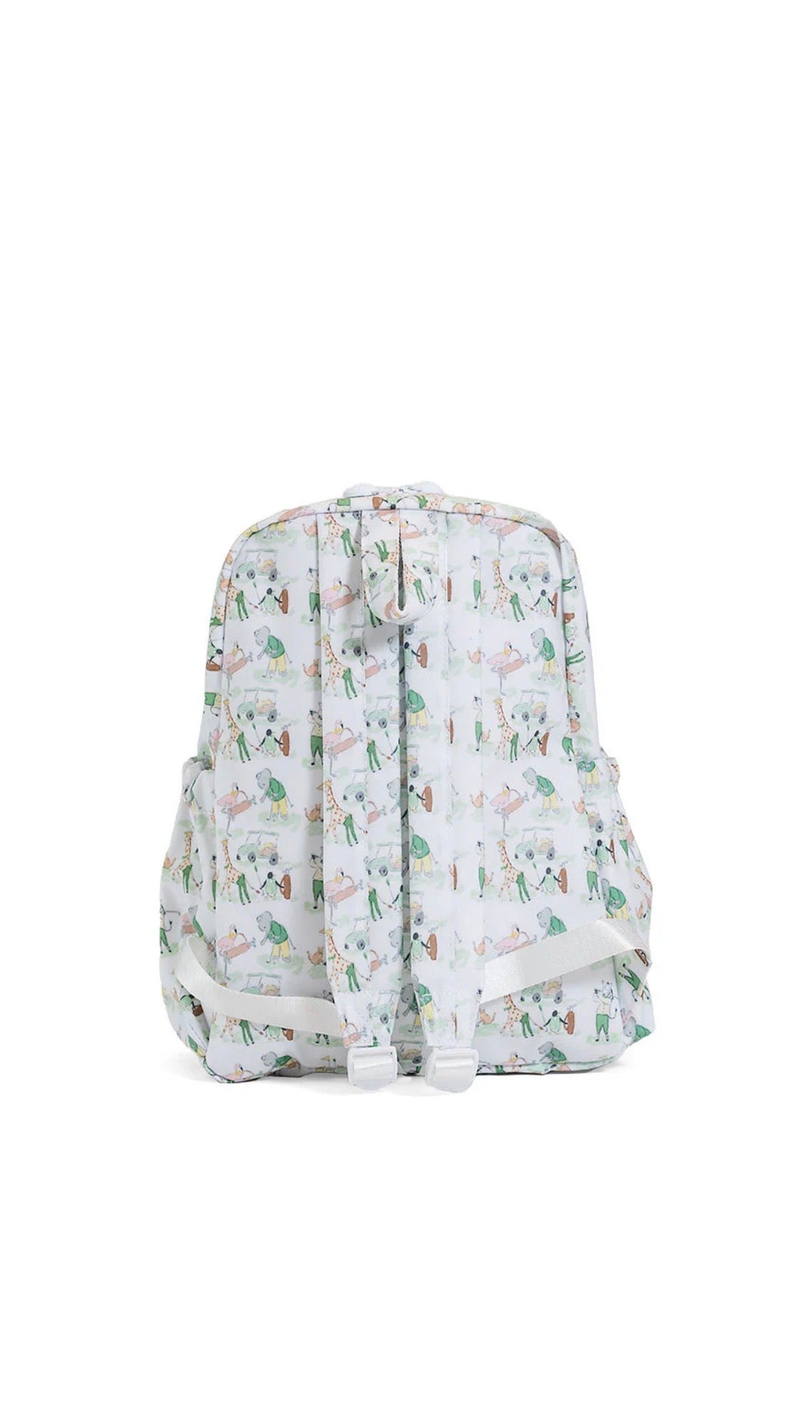 Back view of Backpack with a pattern of cartoon characters golfing on a white background