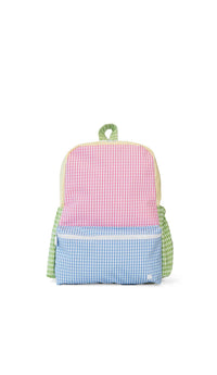Backpack with pink and blue checkered pattern on a white background
