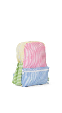 colorful gingham backpack on a white background